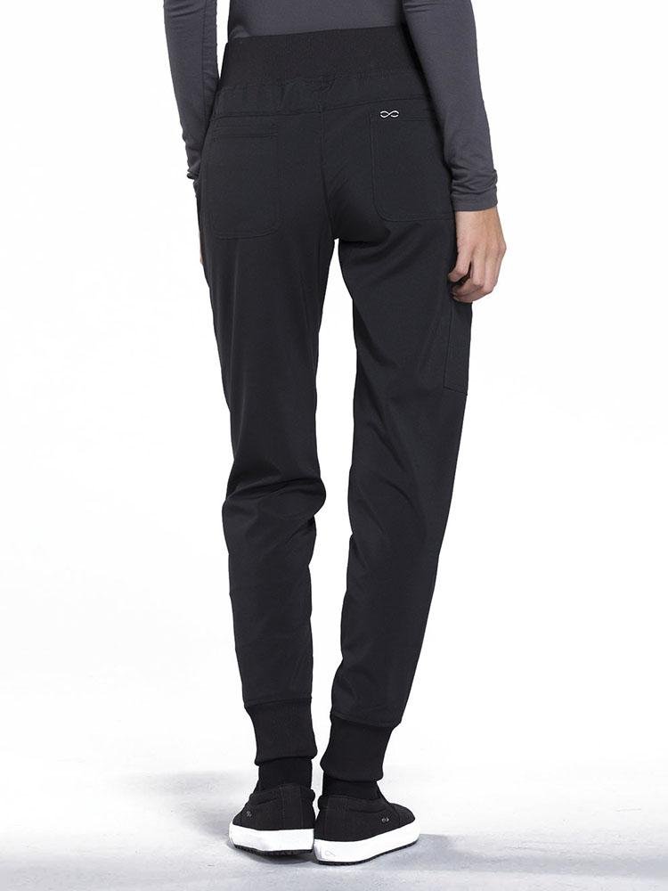 Cherokee Infinity Women's Mid Rise Tapered Jogger in black featuring 2 back patch pockets. 