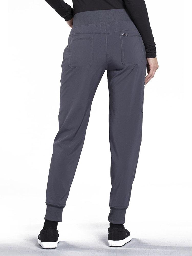 Cherokee Infinity Women's Mid Rise Tapered Jogger in pewter featuring 2 back patch pockets. 