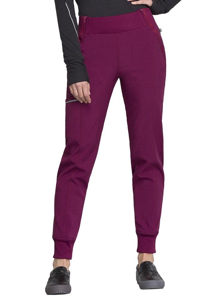 Cherokee Infinity Women's Mid Rise Tapered Jogger in wine featuring comfortable stretch poplin fabric