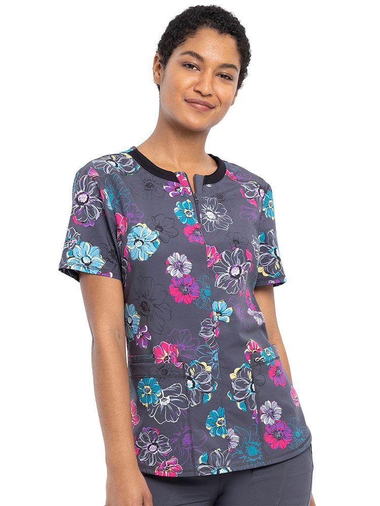 Cherokee Infinity Women's Round Neck Print Top in Poppin' Floral print features colorful flowers