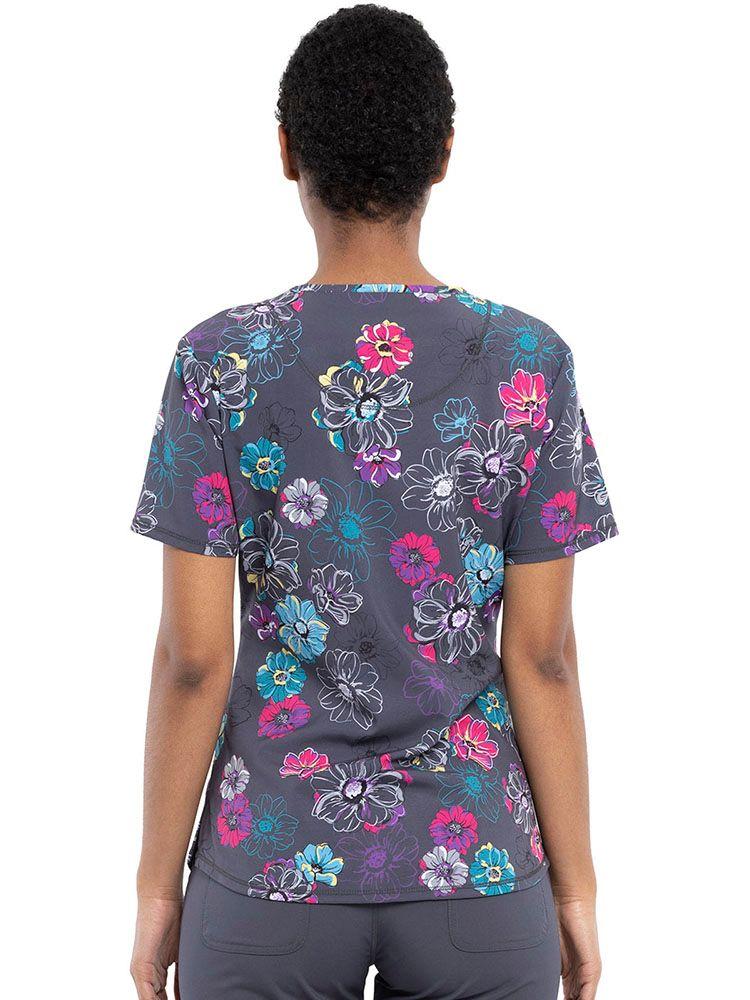 Back view of Cherokee Infinity Women's Round Neck Print Top in Poppin' Floral print 