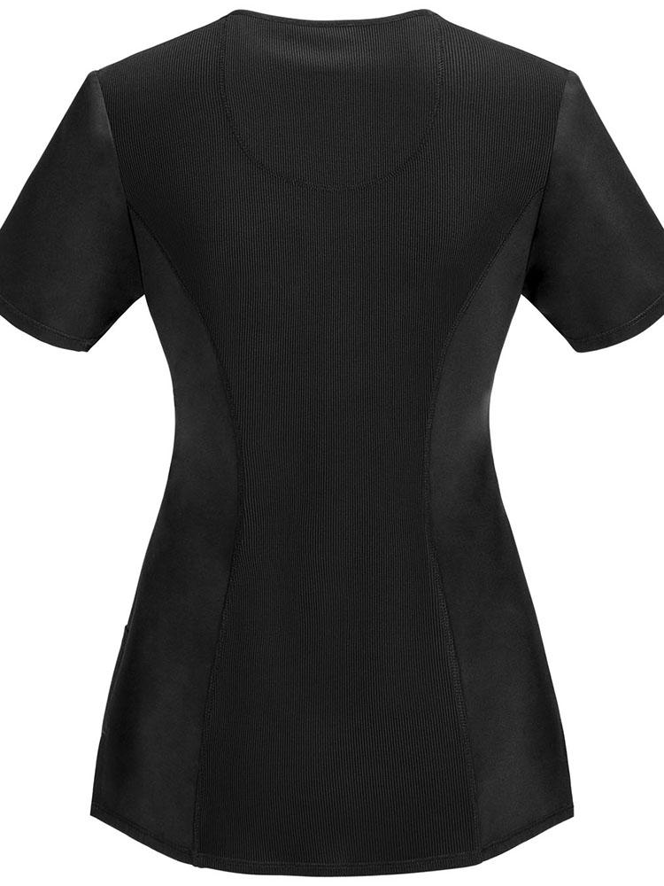 An image of the back of a Cherokee Infinity Women's Round Neck Scrub Top in black size medium featuring front and back princess seams for a flattering fit