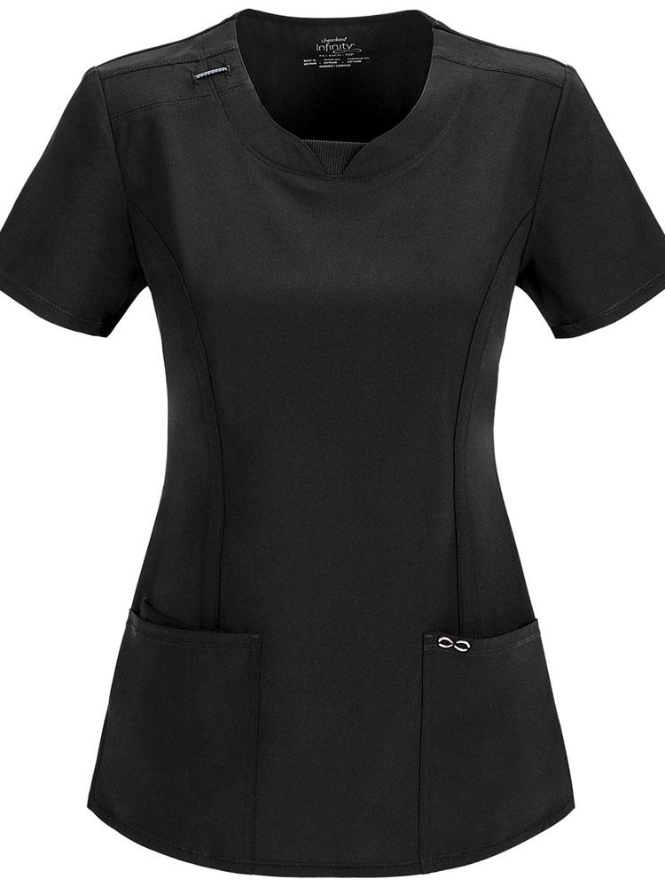 A frontward facing image of a Cherokee Infinity Women's Round Neck Scrub Top in black featuring a rib knit inset at the front neckband.