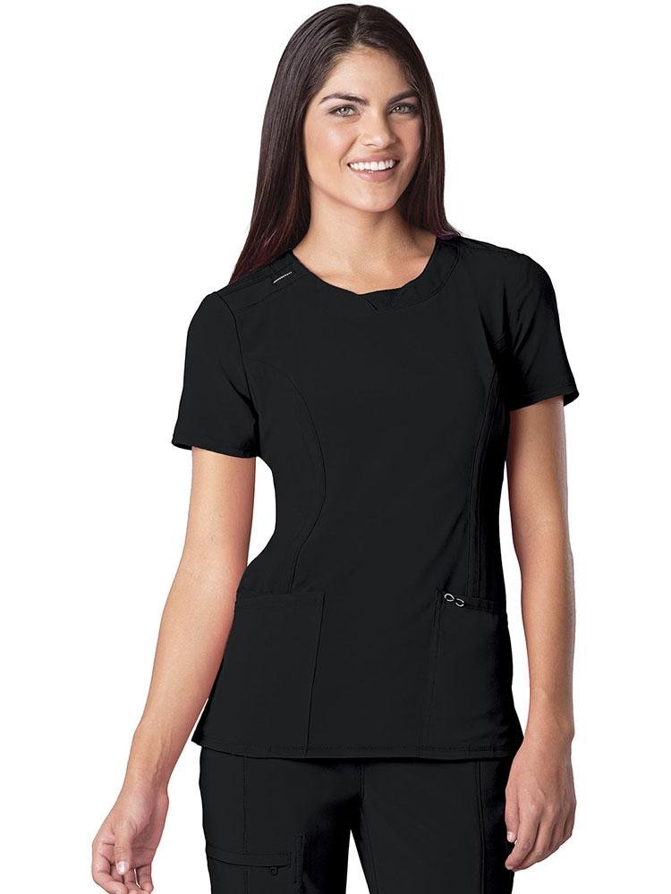 A female Phlebotomist wearing a Cherokee Infinity Women's Round Neck Scrub Top in black size small featuring a contemporary fit with round neck.
