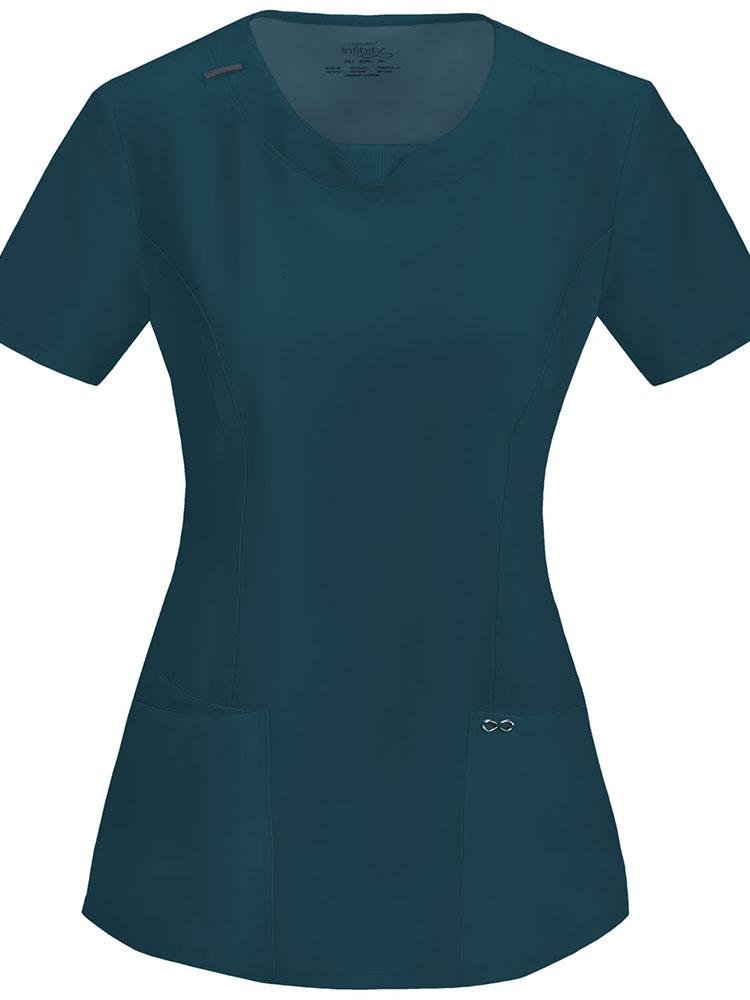 A frontward facing image of the Cherokee Infinity Women's Round Neck Scrub Top in caribbean featuring comfortable stretch poplin fabric.