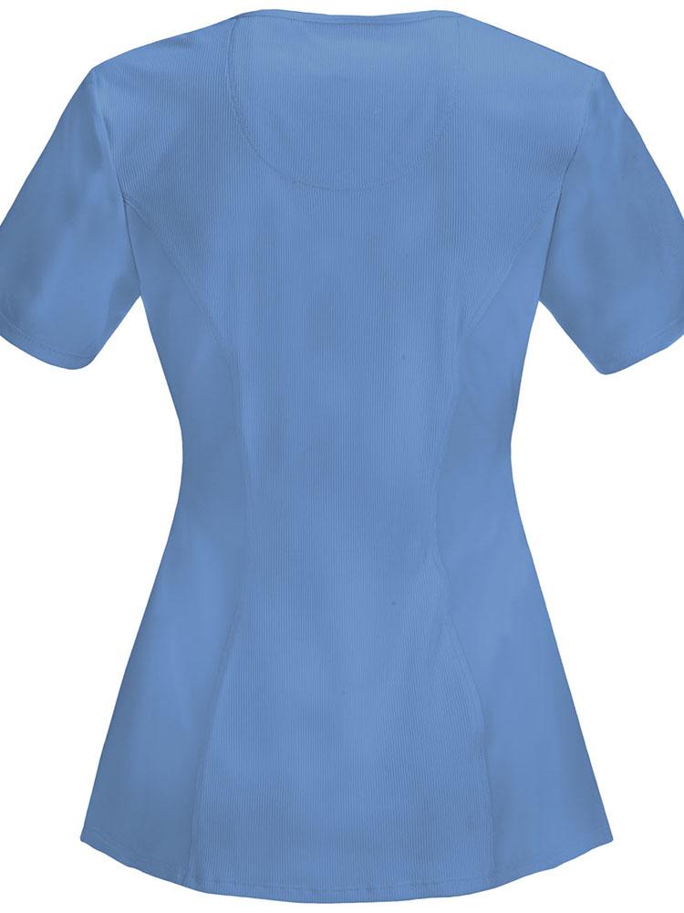 An image of the back of the Cherokee Infinity Women's Round Neck Scrub Top in ceil size XS featuring a Moisture Wicking & Wrinkle-Resistant fabric.