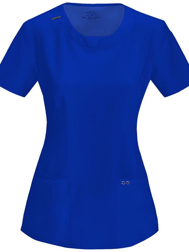 A frontward facing image of the Cherokee Infinity Women's Round Neck Scrub Top in galaxy blue size 5XL featuring a Contemporary fit with short sleeves.