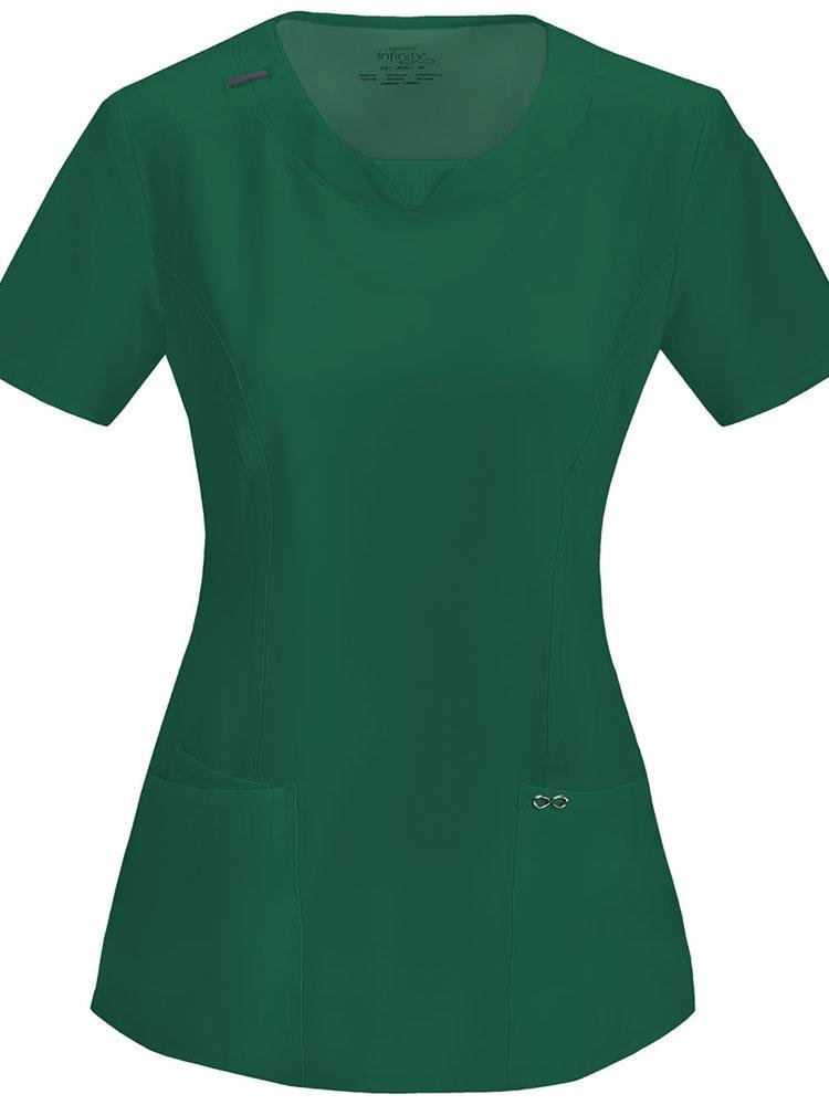 A frontward facing image of the Cherokee Infinity Women's Round Neck Scrub Top in Hunter size Small featuring 2 patch pockets & 1 interior pocket.