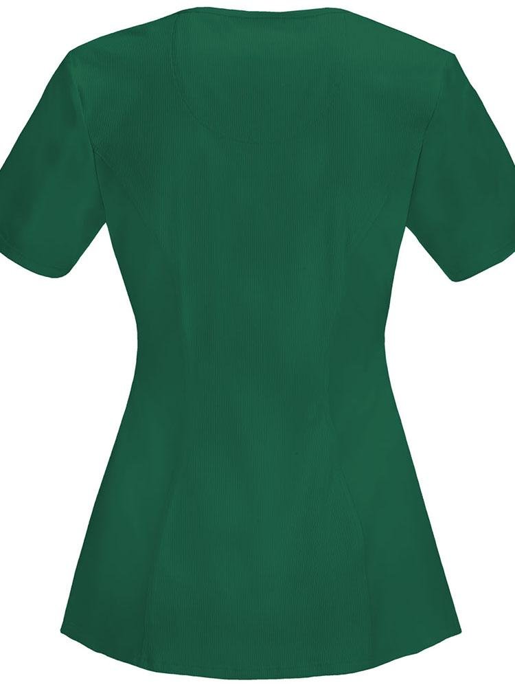 An image of the back of the Cherokee Infinity Women's Round Neck Scrub Top in hunter size 3XL featuring a stretch rib knit back panel for added movement.