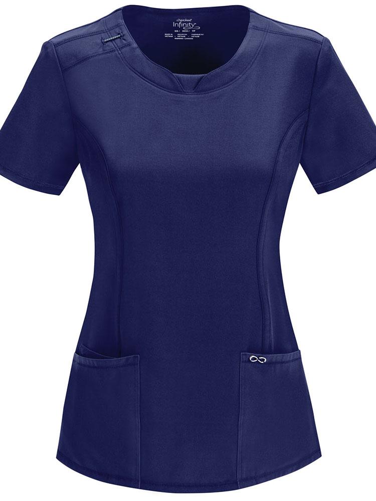 A frontward facing image of the Cherokee Infinity Women's Round Neck Scrub Top in navy size 5XL featuring an antimicrobial easy care fabric.