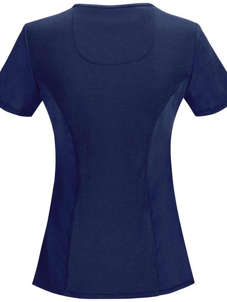 An image of the back of the Cherokee Infinity Women's Round Neck Scrub Top in navy size Medium featuring front and back princess seams for a flattering fit.