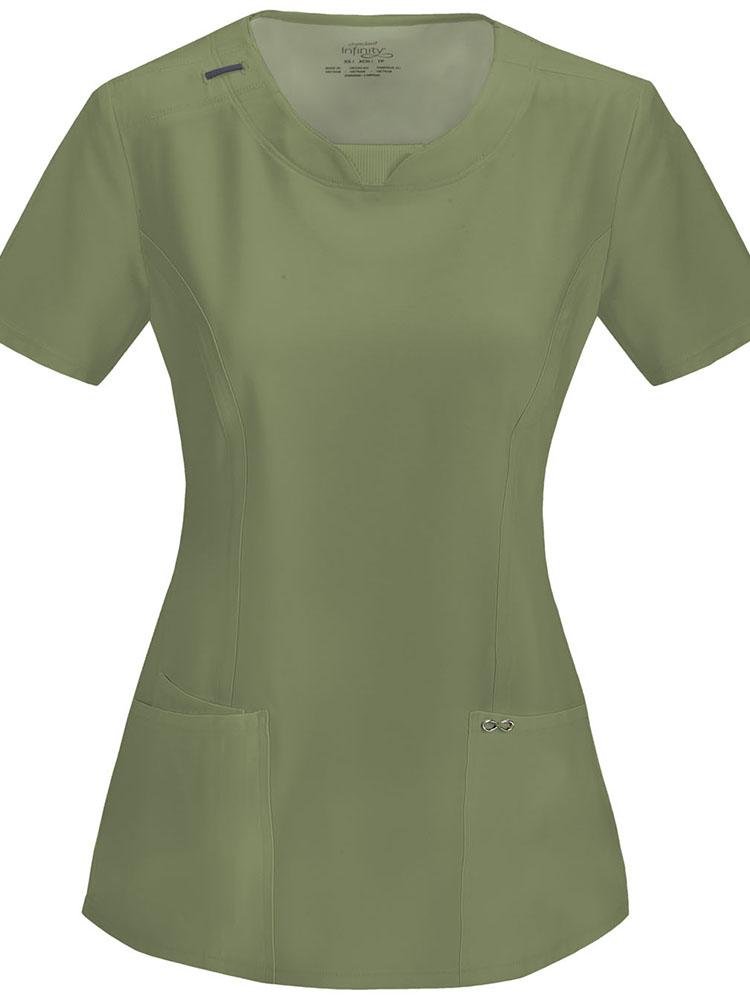 A frontward facing image of the Cherokee Infinity Women's Round Neck Scrub Top in Olive size XS featuring a Bungee I.D. badge loop on the right shoulder.