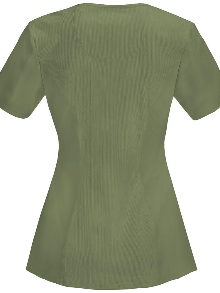 An image of the back of the Cherokee Infinity Women's Round Neck Scrub Top in Olive size Small featuring Moisture Wicking & Wrinkle-Resistant fabric.