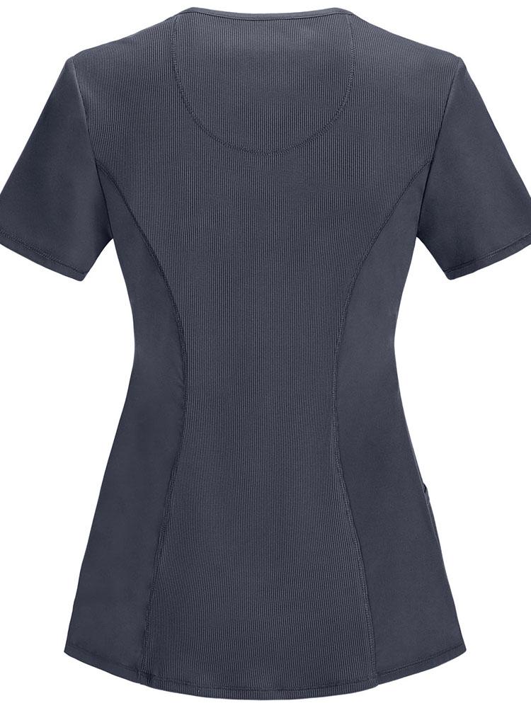 Cherokee Infinity Women's Round Neck Scrub Top in pewter featuring front and back princess seams for a flattering fit