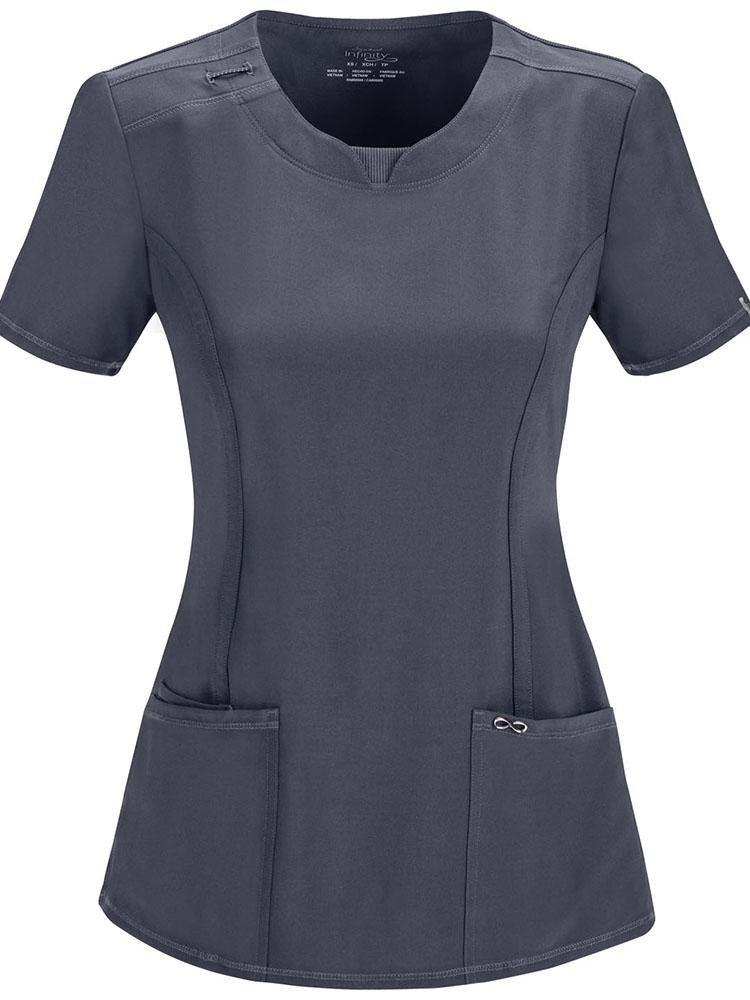 Cherokee Infinity Women's Round Neck Scrub Top in pewter featuring a rib knit inset at the front neckband