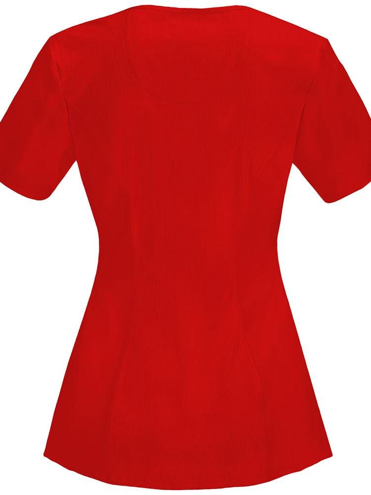 An image of the back of the Cherokee Infinity Women's Round Neck Scrub Top in Red size 2XL featuring Antimicrobial easy care fabric.
