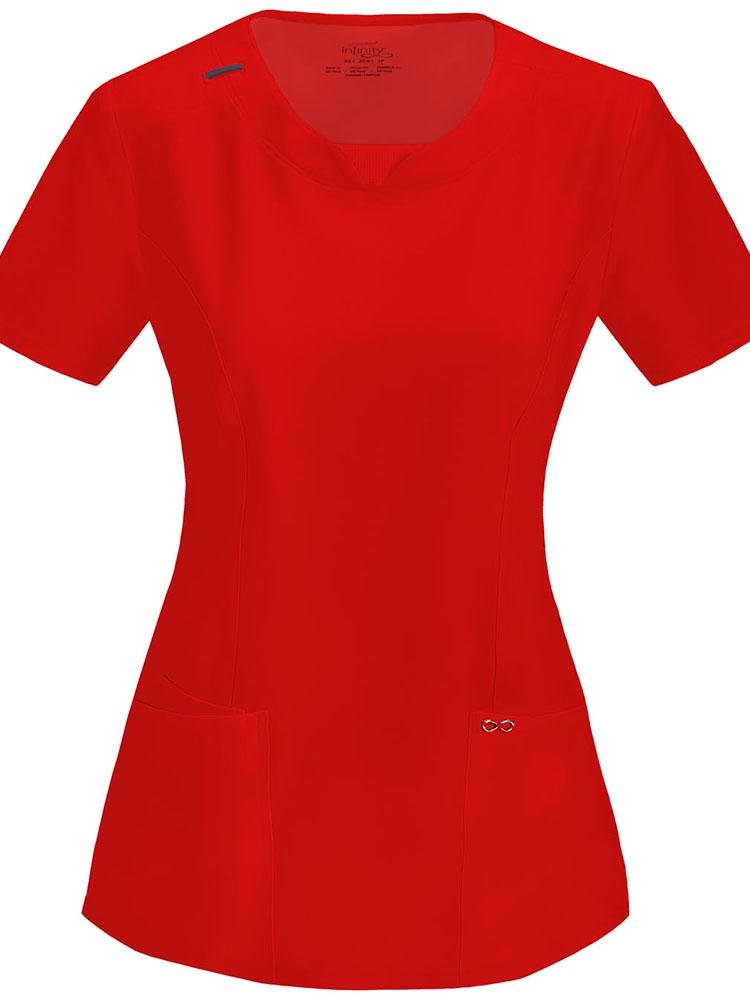 A frontward facing image of the Cherokee Infinity Women's Round Neck Scrub Top in Red size Large featuring Moisture Wicking & Wrinkle-Resistant fabric.