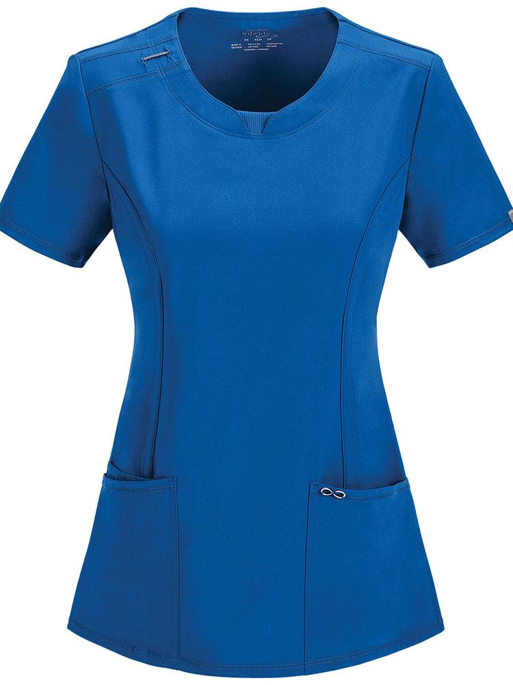 A frontward facing image of the Cherokee Infinity Women's Round Neck Scrub Top in Royal size 2XL featuring 2 patch pockets & 1 interior pocket.