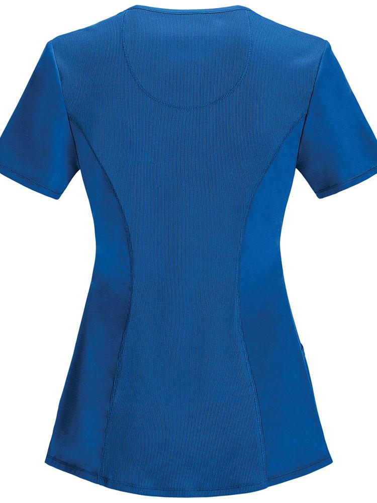 An image of the back of the Cherokee Infinity Women's Round Neck Scrub Top in Royal size Medium featuring comfortable stretch poplin fabric.