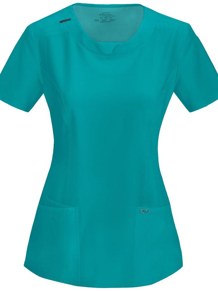 A frontward facing image of the Cherokee Infinity Women's Round Neck Scrub Top in Teal size Large featuring front and back princess seams for a flattering fit.