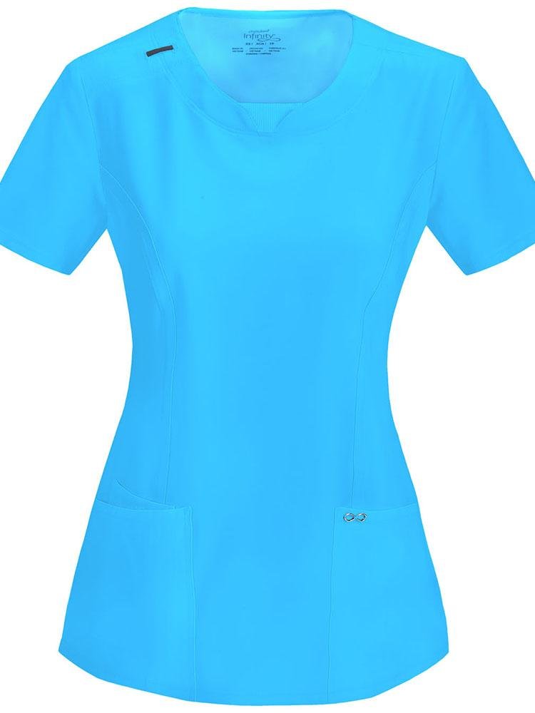 A frontward facing image of the Cherokee Infinity Women's Round Neck Scrub Top in Turquoise size 2XL featuring a Contemporary fit with a round neckline.