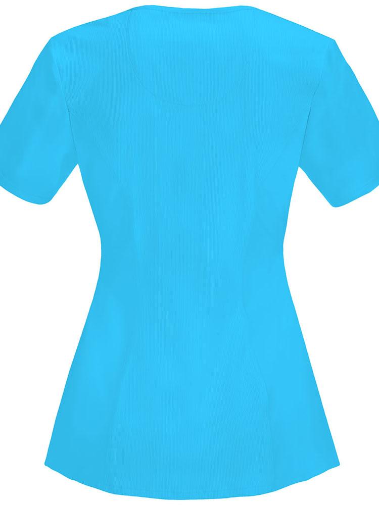 An image of the back of the Cherokee Infinity Women's Round Neck Scrub Top in Turquoise size 5XL featuring Antimicrobial easy care fabric.