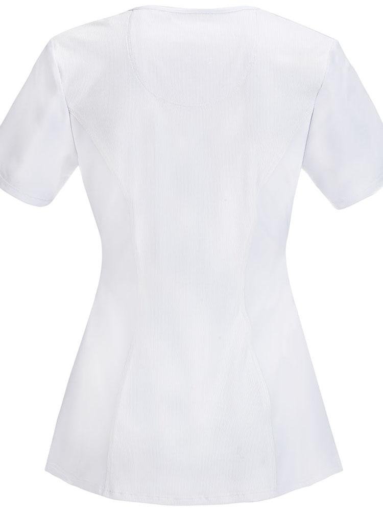 An image of the back of the Cherokee Infinity Women's Round Neck Scrub Top in White size Large featuring a stretch rib knit back panel for added movement.