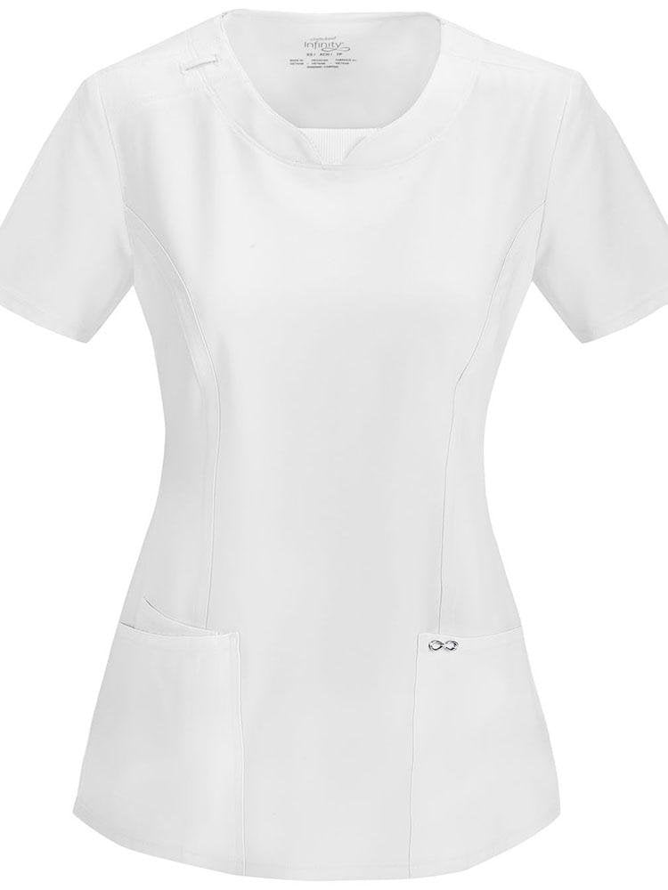 A frontward facing image of the Cherokee Infinity Women's Round Neck Scrub Top in White size 2XL featuring 2 patch pockets & 1 interior pocket.