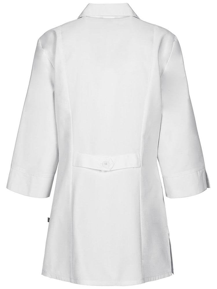 An image of the back of the Cherokee Women's Modern 30" 3/4 Sleeve Lab Coat in White size Large featuring side vents & back belt loop to provide a flattering yet comfortable all day fit.