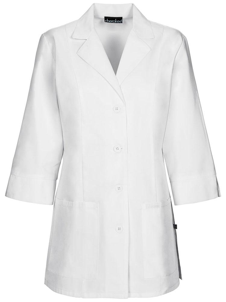 An image of the front of a Cherokee Women's Modern 30" 3/4 Sleeve L:ab Coat  in White size Small featuring 2 front patch pockets for all of your on the job storage needs.