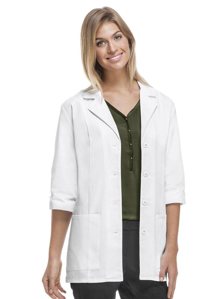 A young female Cardiologist wearing a Cherokee Women's Modern 30" 3/4 Sleeve Lab Coat in white size 2XL featuring notched cuffs for a flattering yet professional look. 