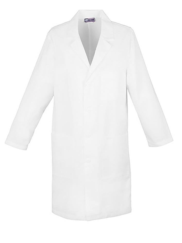 An image of the front of a Cherokee Women's Modern Classic 32" Lab Coat in White size 16 featuring a front 3 button closure to provide a professional all day look.