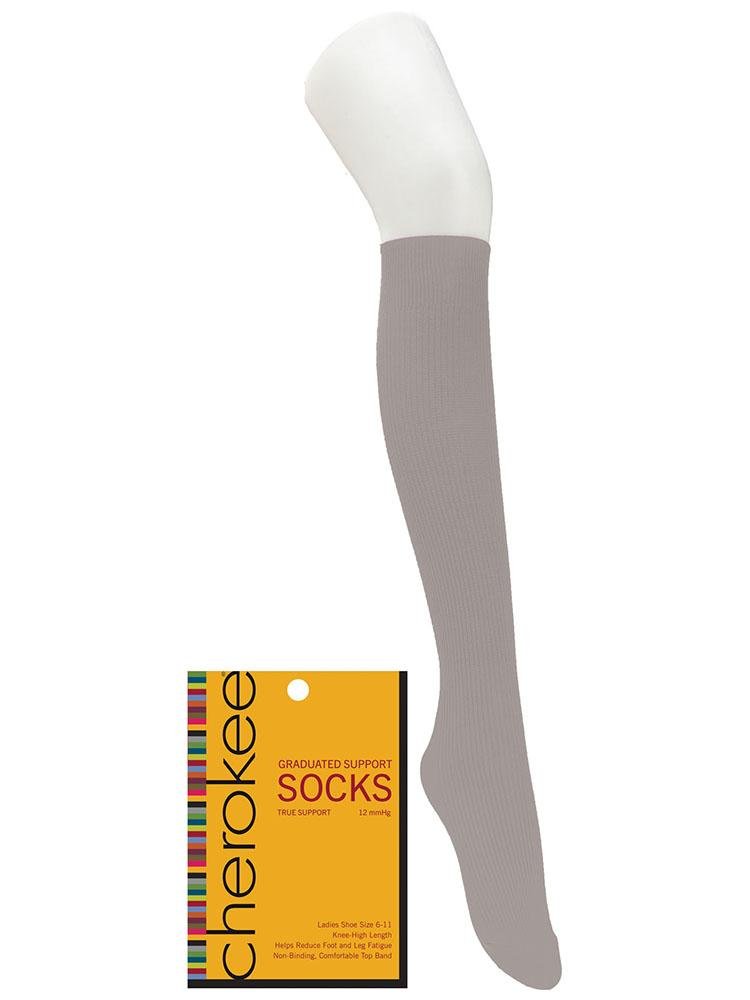 Foot mannequin displaying Cherokee Women's True Support Compression Socks in Girlie Grey that can help with fatigue