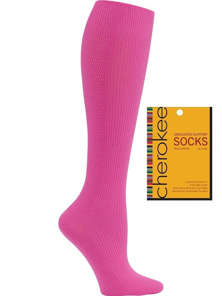 Foot mannequin displaying Cherokee Women's True Support Compression Socks in Glowing Pink is made of 90% textured nylon