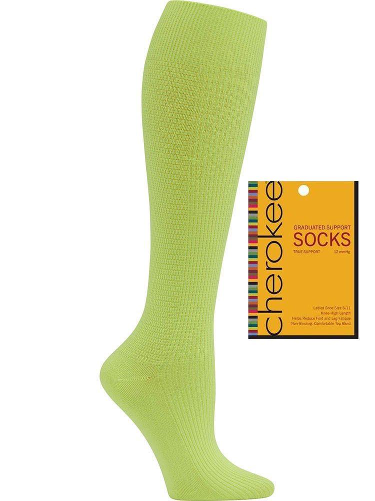 Foot mannequin displaying Cherokee Women's True Support Compression Socks in Highlighter Yellow that is knee high length