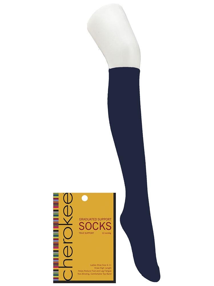 Foot mannequin displaying Cherokee Women's True Support Compression Socks in Navy that provides mild compression