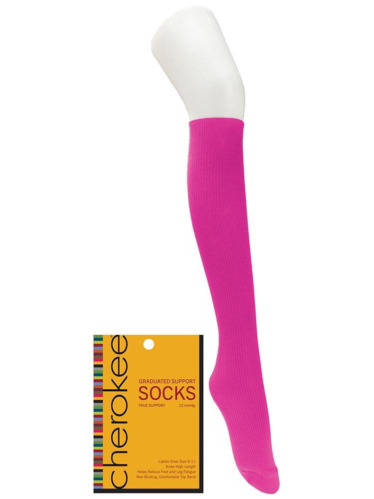 Foot mannequin displaying Cherokee Women's True Support Compression Socks in Neon Pink provides all day comfort