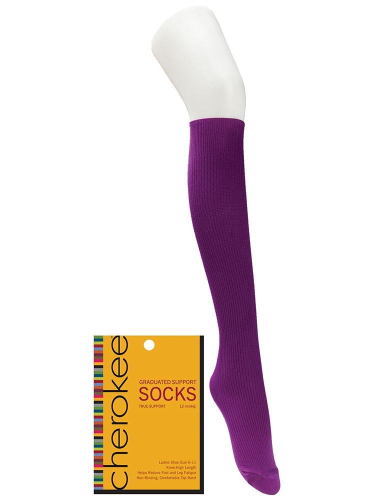 Foot mannequin displaying Cherokee Women's True Support Compression Socks in Neon Purple that are knee high length
