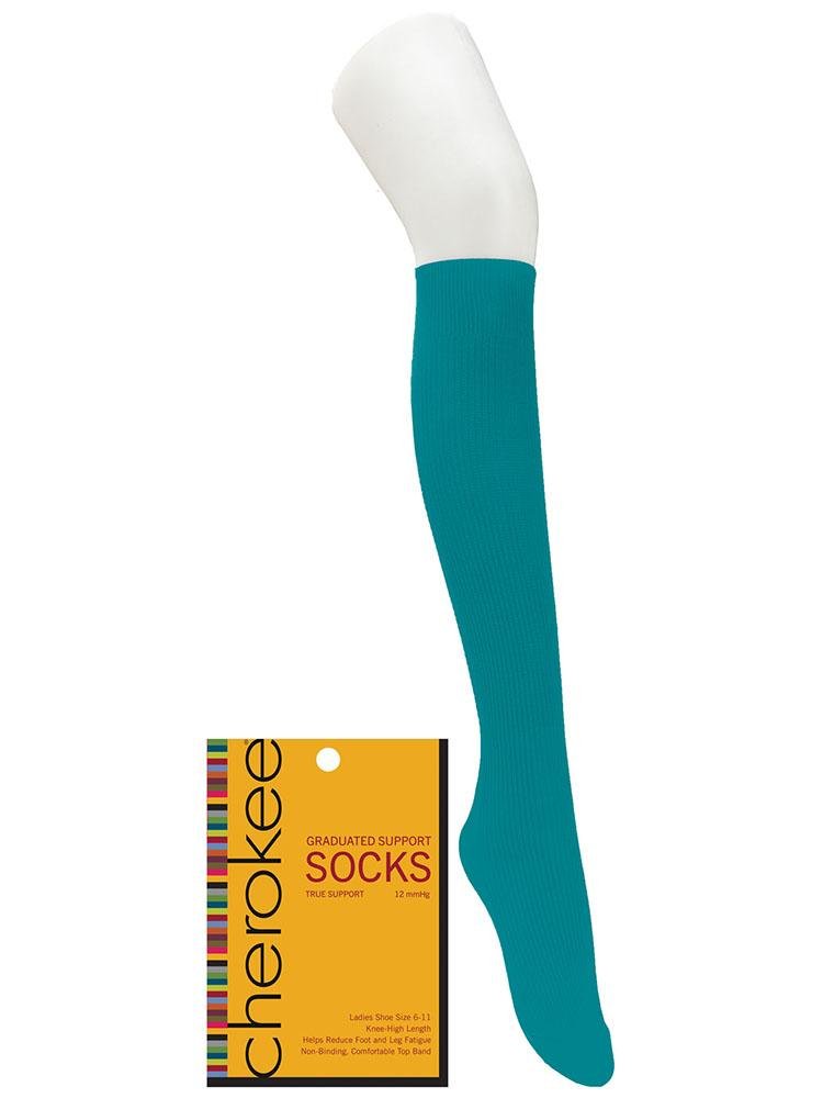 Foot mannequin displaying Cherokee Women's True Support Compression Socks in Tender Teal has 8-10 mmHg compression