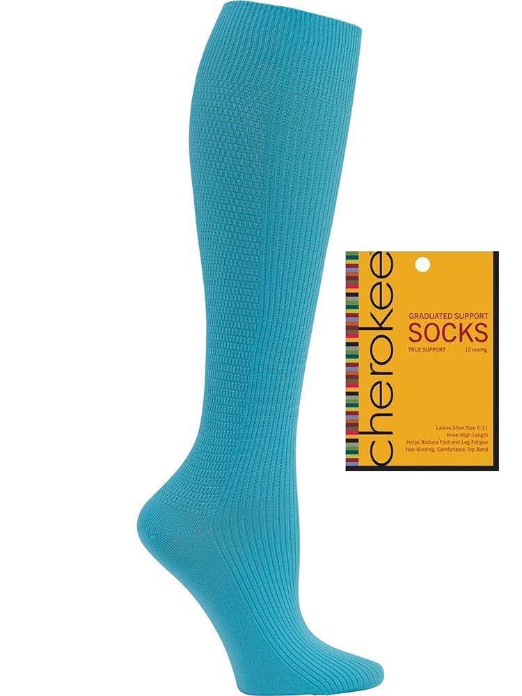 Foot mannequin displaying Cherokee Women's True Support Compression Socks in Turquoise has been Tested and approved by Dupont to carry the Lycra 3D label