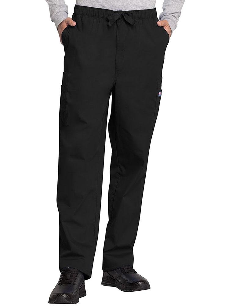 A young male Family Practitioner wearing a Cherokee Workwear Originals Men's Drawstring Cargo Scrub Pant in Black size Large featuring an elastic waistband with a webbed drawstring.