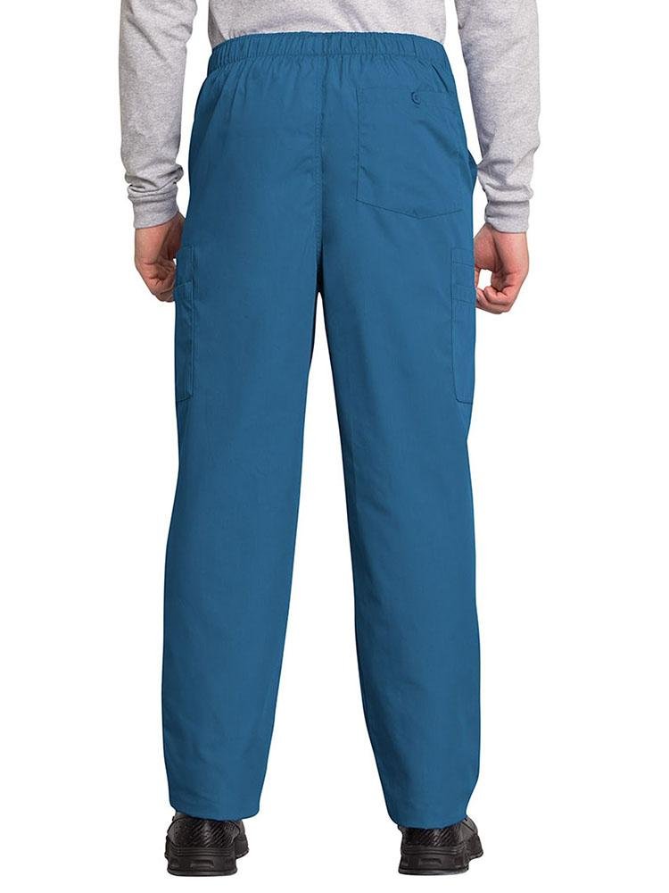 A male LPN wearing a Cherokee Workwear Originals Men's Drawstring Cargo Scrub Pant in Caribbean size 3XL featuring 1 back patch pocket & 4 side cargo pockets.