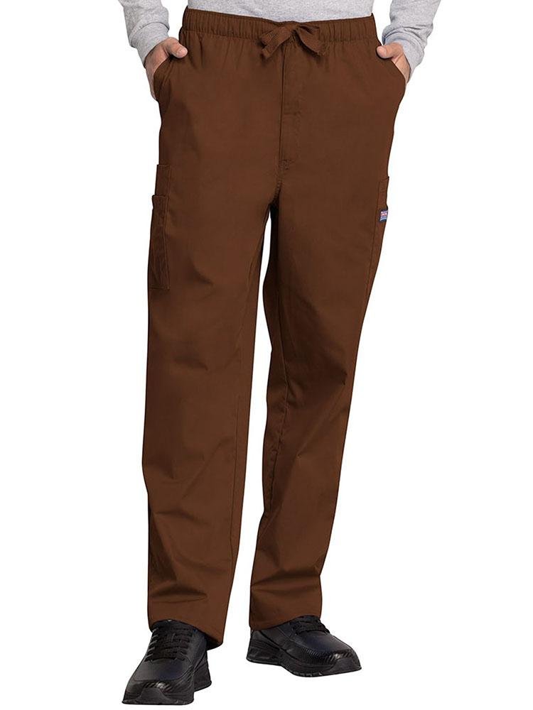 A male Pharmacy Technician wearing a Cherokee Workwear Originals Men's Drawstring Cargo Scrub Pant in Chocolate size Large featuring an elastic waistband with a webbed drawstring.