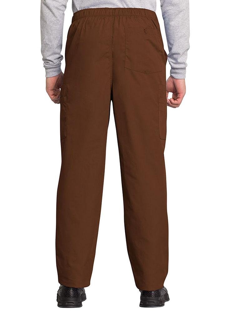 A male Dental Assistant wearing a Cherokee Workwear Originals Men's Drawstring Cargo Scrub Pant in Chocolate size 2XL featuring 1 back patch pocket & 4 side cargo pockets.