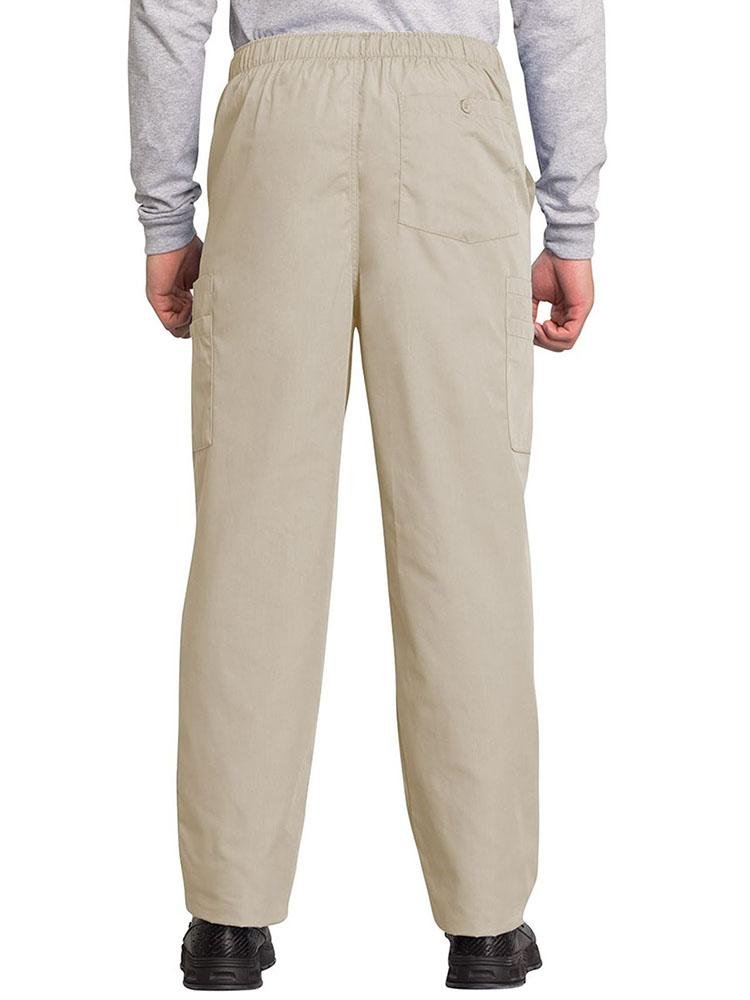 A male Medical Assistant wearing a Cherokee Workwear Originals Men's Drawstring Cargo Scrub Pant in Khaki size Small featuring 1 back patch pocket & 4 side cargo pockets.