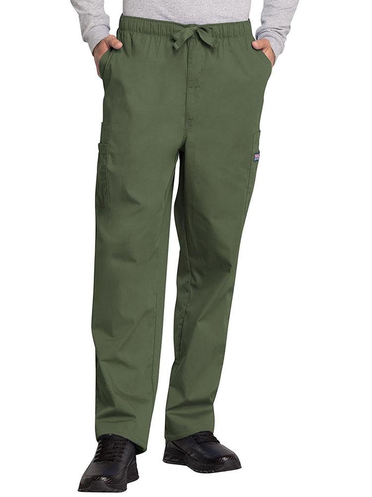 A young male Nurse wearing a Cherokee Workwear Originals Men's Drawstring Cargo Scrub Pant in Olive size Medium featuring an elastic waistband with a webbed drawstring.