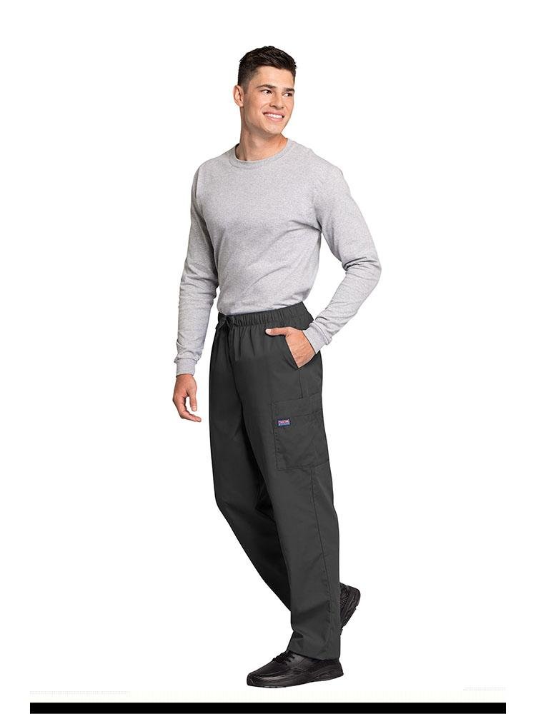 A male Pediatrician wearing a Cherokee Workwear Originals Men's Drawstring Cargo Scrub Pant in Pewter size XL featuring 2 front slash pockets & a functional zip fly.