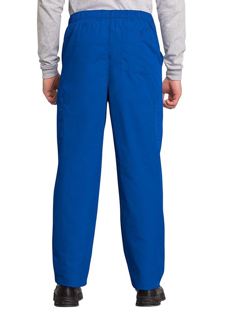 A male Medical Assistant wearing a Cherokee Workwear Originals Men's Drawstring Cargo Scrub Pant in Royal size Small featuring 1 back patch pocket & 4 side cargo pockets.