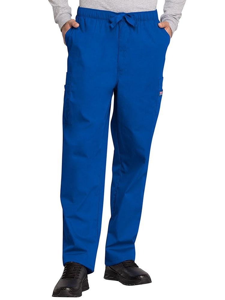 A young male Nurse Practitioner wearing a Cherokee Workwear Originals Men's Drawstring Cargo Scrub Pant in Royal size Extra-Large featuring an elastic waistband with a webbed drawstring.