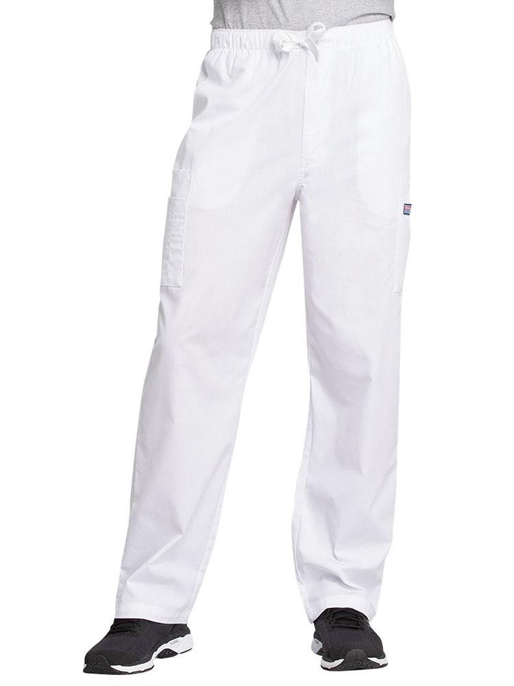 A young male Nurse Anesthetist wearing a Cherokee Workwear Originals Men's Drawstring Cargo Scrub Pant in White size Medium featuring an elastic waistband with a webbed drawstring.
